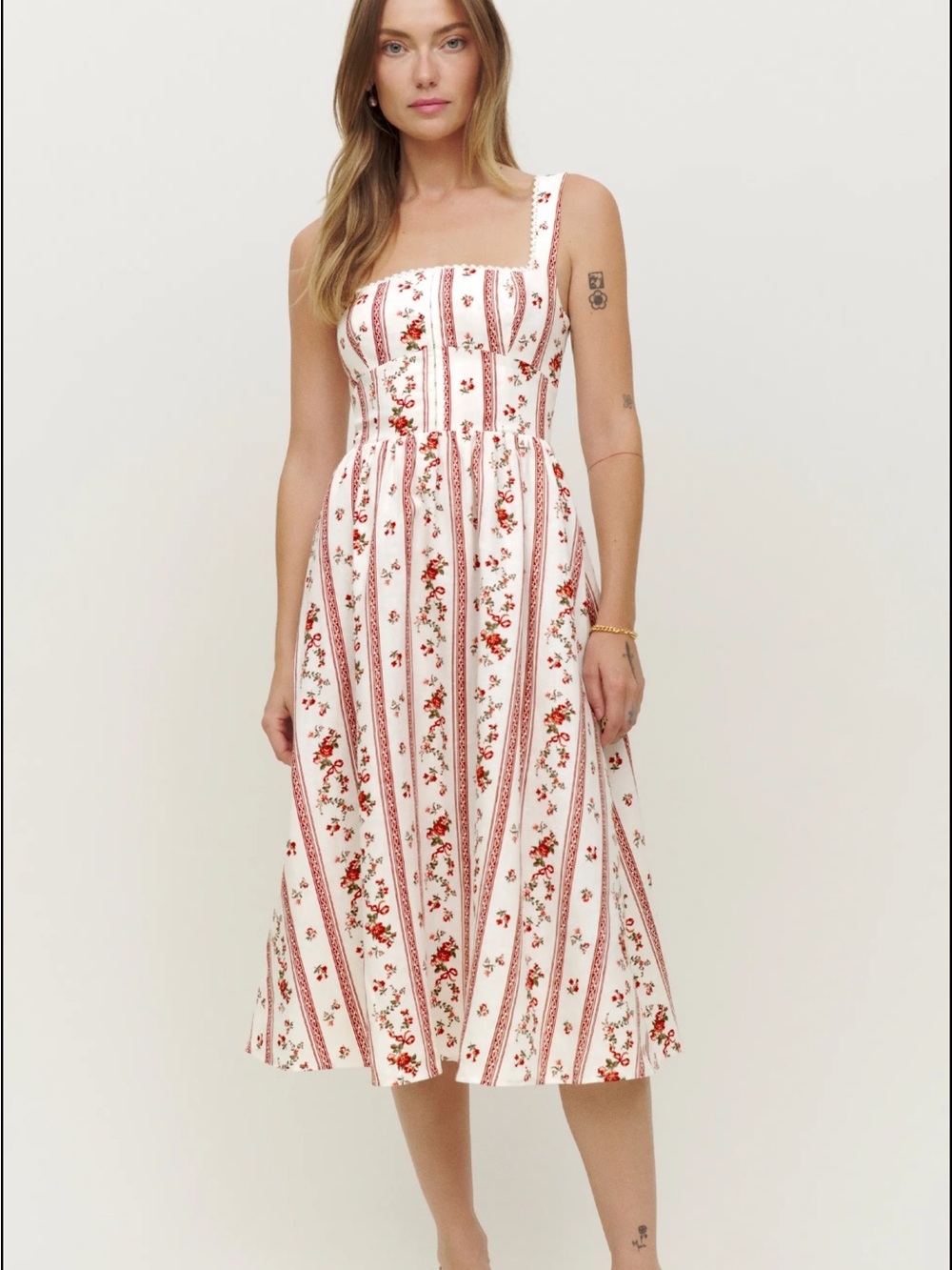 Reformation White and Red Floral Stripe Linen Midi Dress - Picture 5 of 7